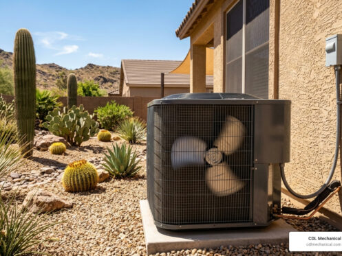 modern AC unit operating efficiently in a Glendale AZ residential backyard with desert heat