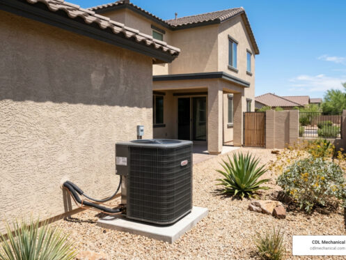 HVAC unit outside a Phoenix West Valley home in desert heat