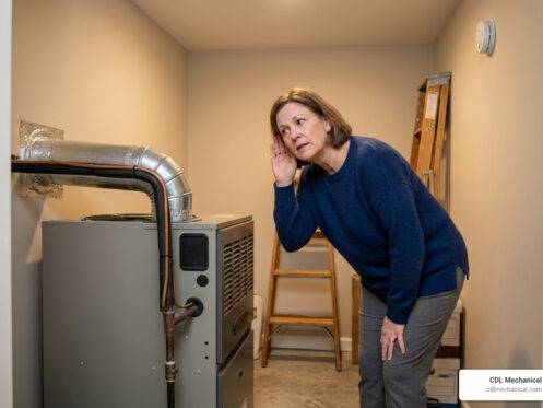homeowner listening to a noisy air conditioner indoors near an AC unit