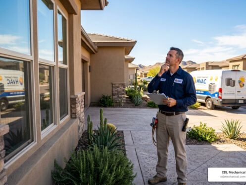 technician evaluating a home's exterior and assessing window orientation - getting the right size hvac for the phoenix west