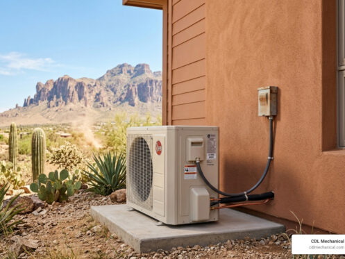 AC unit in desert landscape with Arizona heat and blue sky - how long does an ac last in the desert