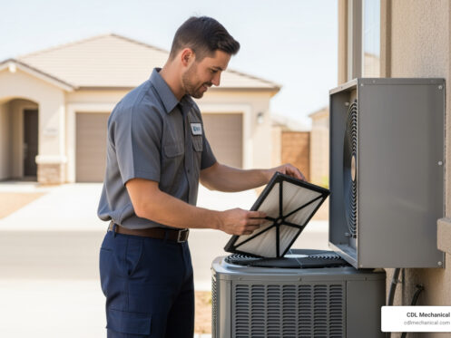 HVAC technician inspecting a dirty air filter in a desert home