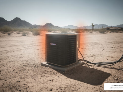 AC unit in desert landscape with Arizona heat and system strain