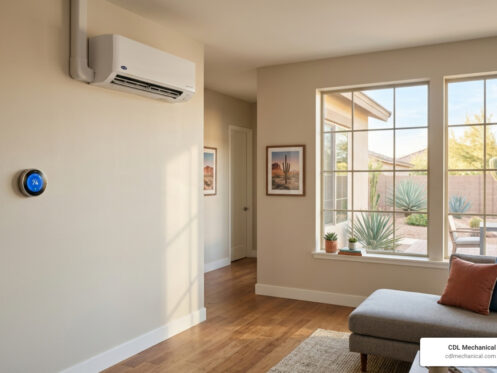 HVAC system in a modern Glendale Arizona home with visible indoor unit and thermostat - how to maintain your heating and