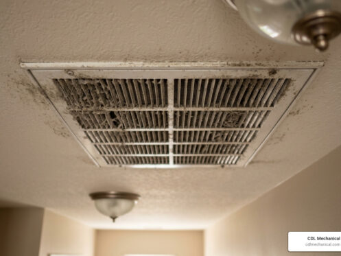 dusty air vent in a residential ceiling showing signs of poor filtration - ductwork problems signs and solutions for