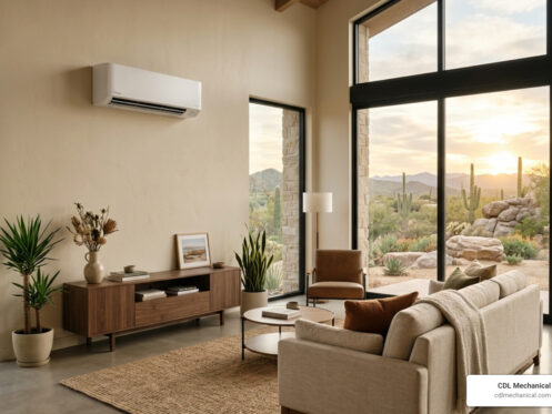 Sleek modern wall-mounted ductless mini-split unit in a contemporary Arizona living room - adding cooling without ductwork