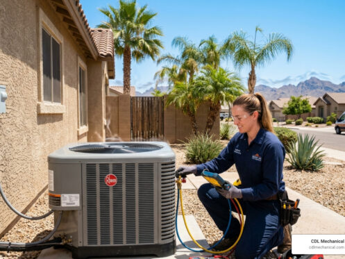 HVAC technician inspecting outdoor AC unit beside a suburban home in desert heat - should i repair or replace my hvac system