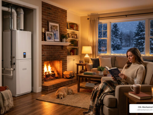 high efficiency furnace in a cozy warm living room during winter