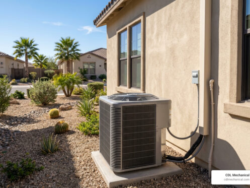 modern high-efficiency AC unit outside a home in Glendale AZ desert heat