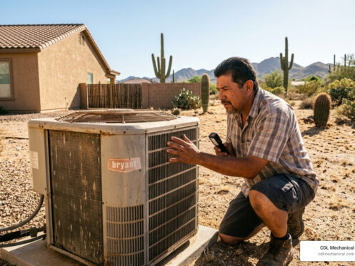 homeowner inspecting aging outdoor AC unit in Glendale AZ desert heat - when to repair vs replace your hvac system