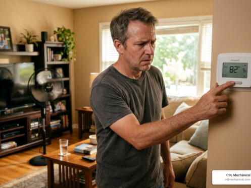 frustrated homeowner checking thermostat in warm room during summer - what to do when your hvac breaks down unexpectedly