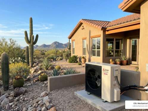 modern high-efficiency heat pump installed in a Glendale residential backyard with Arizona desert landscape - heat pump