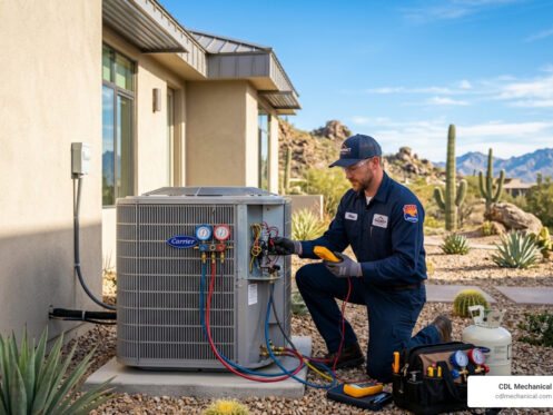 HVAC technician performing seasonal tune-up on residential system in Arizona desert home - is an hvac maintenance plan worth